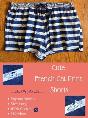 La Vie en Rose Striped Cat Print Pajama Shorts, Size L